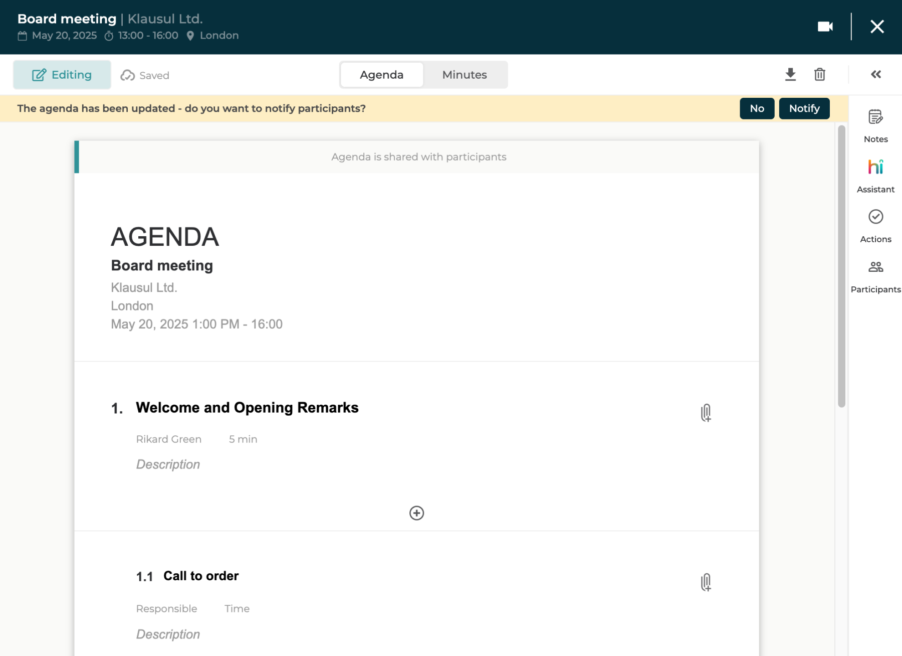 Update board meeting agenda