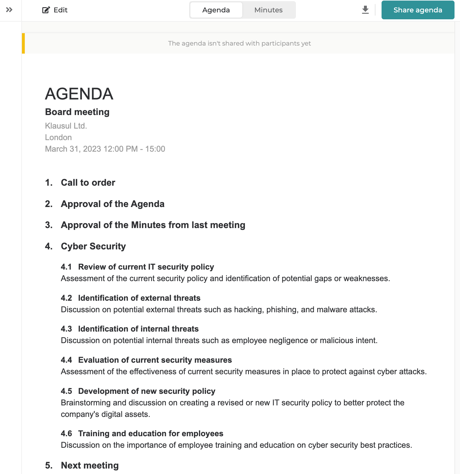 AI generated board meeting agenda