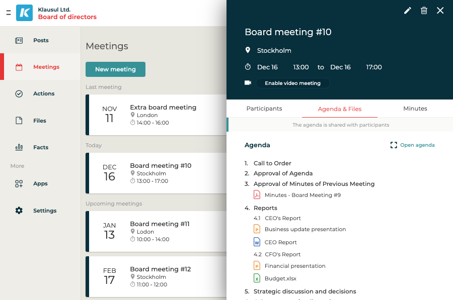 Board meeting agenda